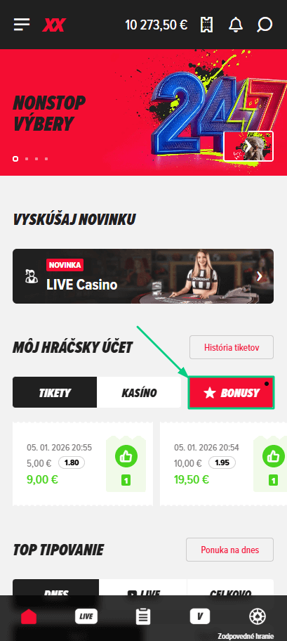 Hráčsky profil v aplikácii DOXXbet a sekcia Bonusy a promokódy
