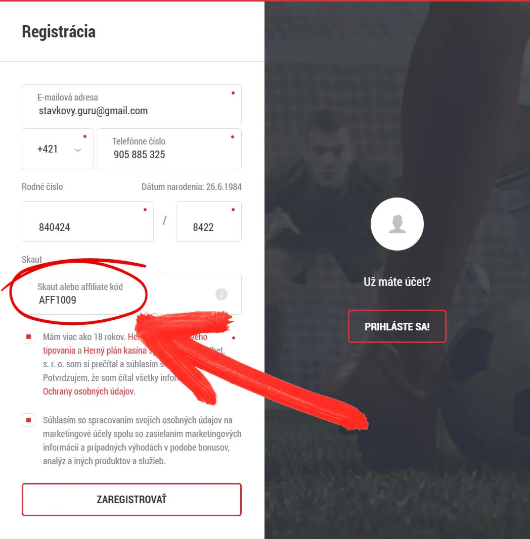 Ukážka prvého kroku registrácie v DOXXbete s vyplneným Skaut kódom AFF1009