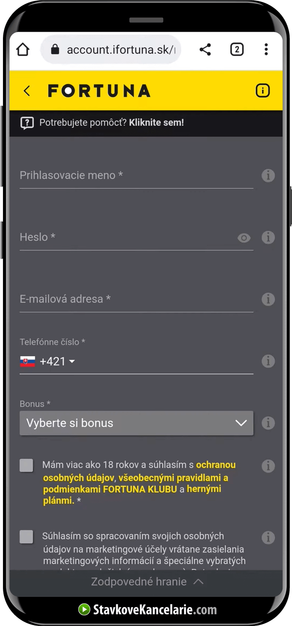 Registračný formulár do Fortuny