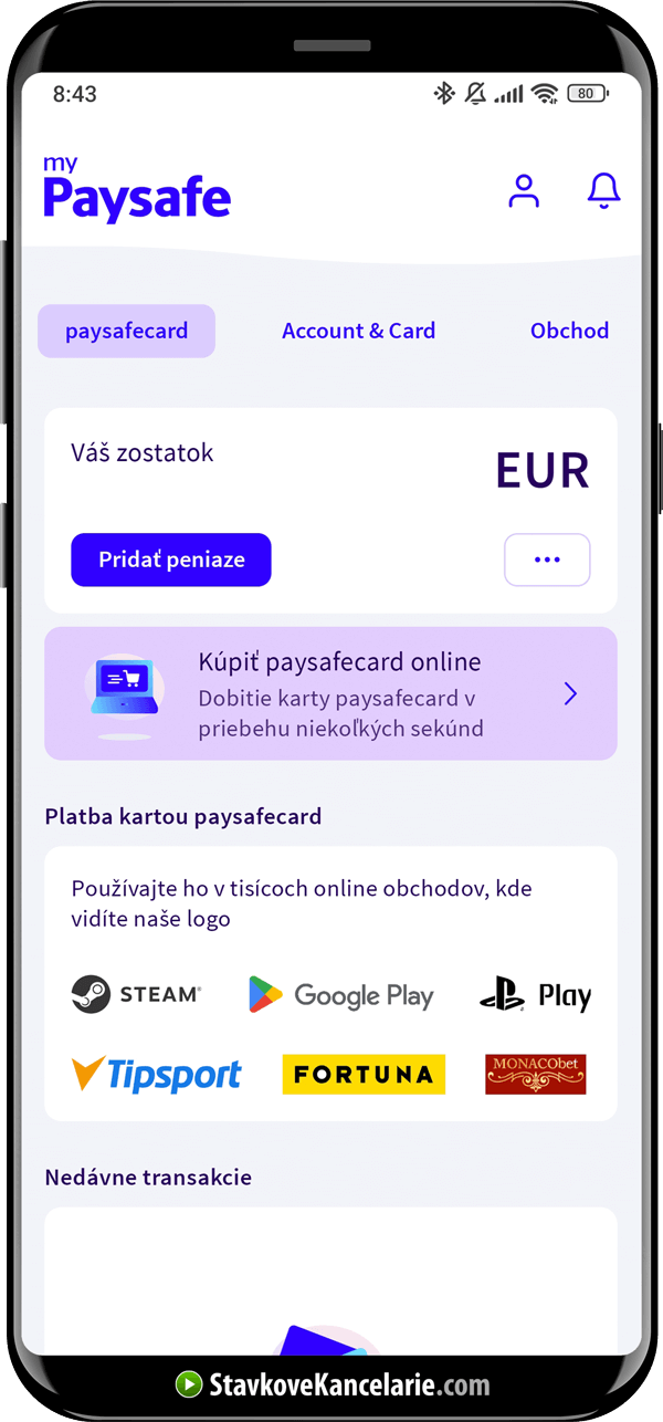 Úvodná obrazovka aplikácie paysafecard