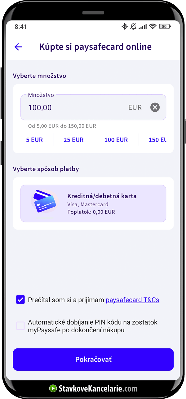 Paysafecard aplikácia na zariadení Android