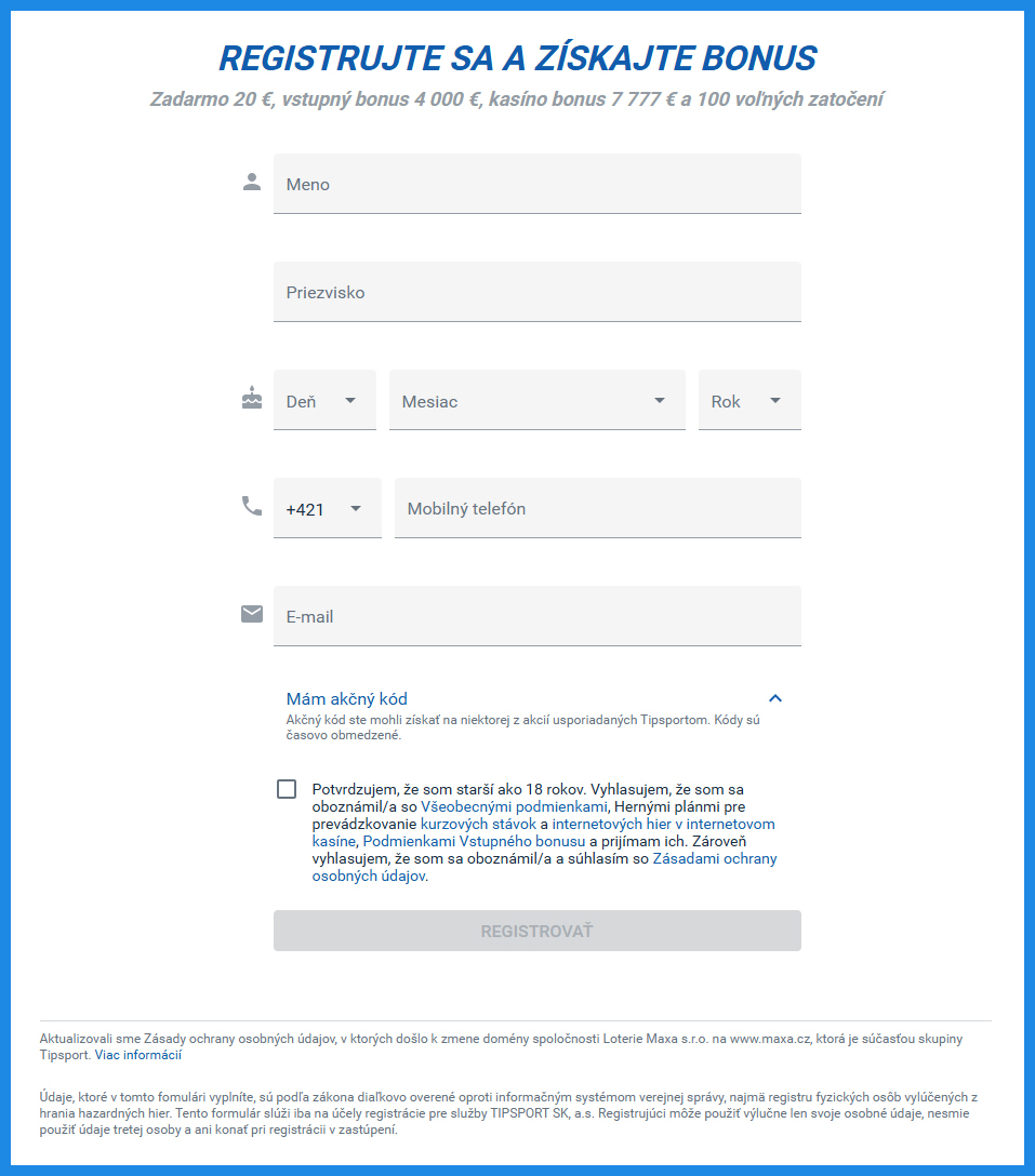 Registračný formulár v Tipsporte