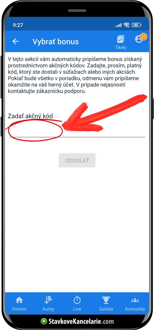 Detail poľa na zadanie akčného kódu pre existujúcich hráčov v mobile