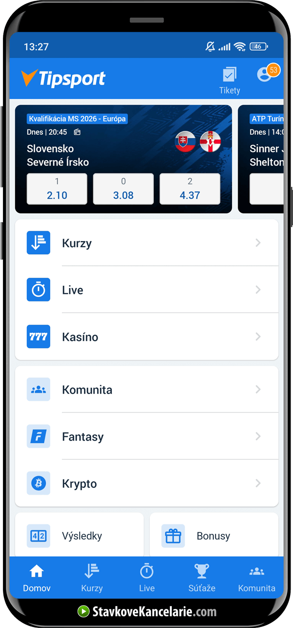 Mobilná aplikácia stávkovej kancelárie Tipsport