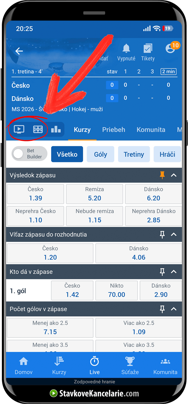 Tlačidlo prehrávača pre spustenie live streamu v aplikácii Tipsport