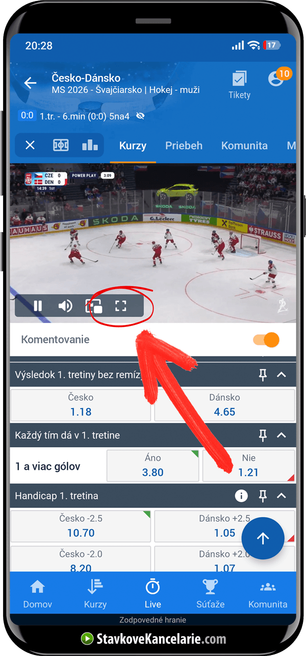 Zobrazenie priameho prenosu vo vertikálnom režime smartfónu