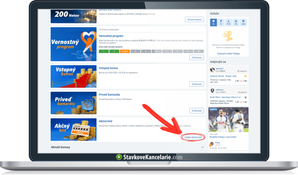Ukážka sekcie Bonusy na webe Tipsportu pre vloženie promo kódu