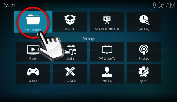 V systémovej ponuke KODI kliknite na položku „File manager“